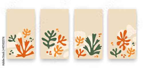 Vector set of social media stories templates with trendy contemporary aesthetic hand drawn abstract leaves and fluid shape forms. Backgrounds with creative Matisse inspired floral illustrations