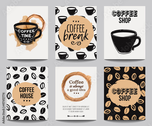 Vector set of modern posters with coffee backgrounds. Trendy hipster templates for flyers, banners, invitations, restaurant or cafe menu design.