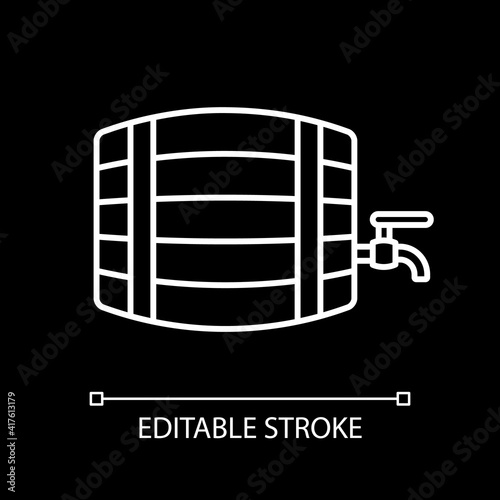 Wine barrel with tap white linear icon for dark theme. Whiskey brewery. Distillery production. Thin line customizable illustration. Isolated vector contour symbol for night mode. Editable stroke