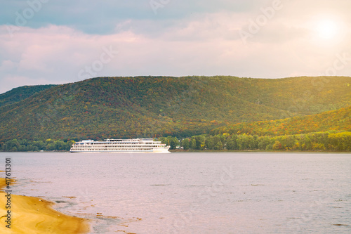 A passenger cruise ship sails on the Volga river