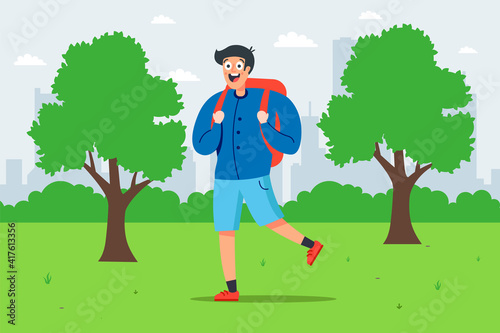 boy with a backpack walks in a green park. flat vector illustration.