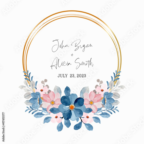 Blue pink floral wreath watercolor with golden circle