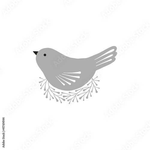 Spring bird in nest minimalistic folksy vector illustration. Nesting bird decorative design for Spring Easter greeting. Vector folklore illustration for card poster wall art home decor