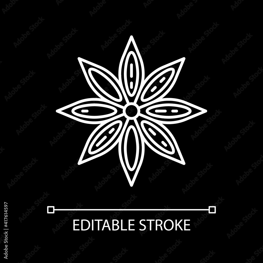 Star anise white linear icon for dark theme. Seasoning for flavor. Spice for mulled wine. Thin line customizable illustration. Isolated vector contour symbol for night mode. Editable stroke