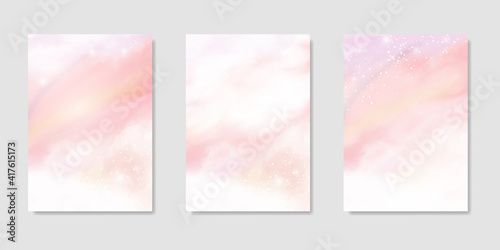 Pink watercolor cotton cloud background. Pastel fantasy sky backdrop template for wedding invitation, greeting card, banner or flyer. Vector illustration of fluffy candy clouds © svetolk