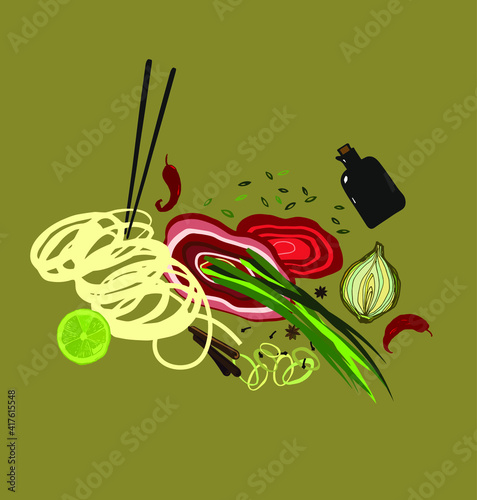 vector illustration pho bo bowl with ingredients. pan-asian cuisine clipart, noodles, beef, lime, onion, spices. vietnamese soup sketch. Asian restaurant, cafe, diner menu, signboard, advertising