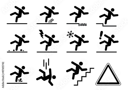 Set of caution symbols with stick figure man falling. Falling down the stairs and over the edge. Wet floor, tripping on the stairs. Workplace safety. Flat vector illustration icon.  Fall stickman sign