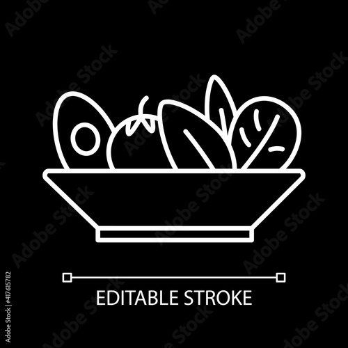 Salad bowl white linear icon for dark theme. Healthy eating. Vegan meal. Vegetarian dish. Thin line customizable illustration. Isolated vector contour symbol for night mode. Editable stroke