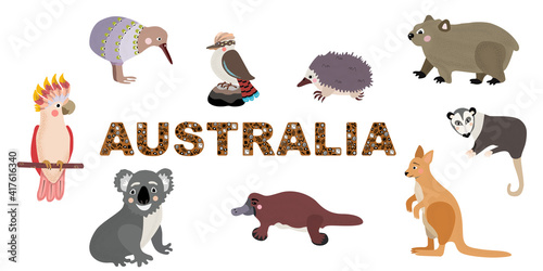 Hand drawn set of Australian animals and Australia sign with traditional aboriginal symbols. Cartoon style vector isolated clipart on white background.