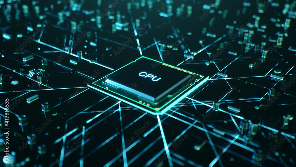 Technological background with CPU and circuit board. Flying CPU and ...