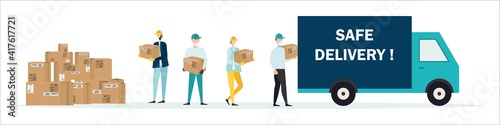 Safe delivery. Delivery by truck. A courier wearing a medical mask delivers a parcel during quarantine. Safe delivery concept with social distance. Vector illustration