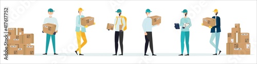 Safe delivery. A courier wearing a medical mask delivers a parcel during quarantine. Delivery of parcels at the post office. Safe delivery concept with social distance. Vector illustration
