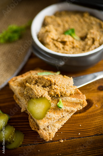 fried buckwheat croutons with cooked homemade pate