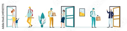 Safe delivery food. A courier wearing a medical mask delivers food a parcel during quarantine. Safe delivery concept with social distance. Vector illustration