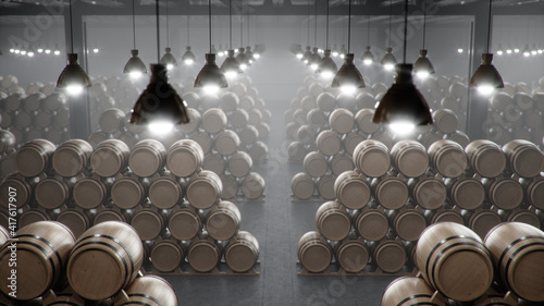 Billede på lærred Barrels of wine, whiskey, bourbon liqueur or cognac in the basement