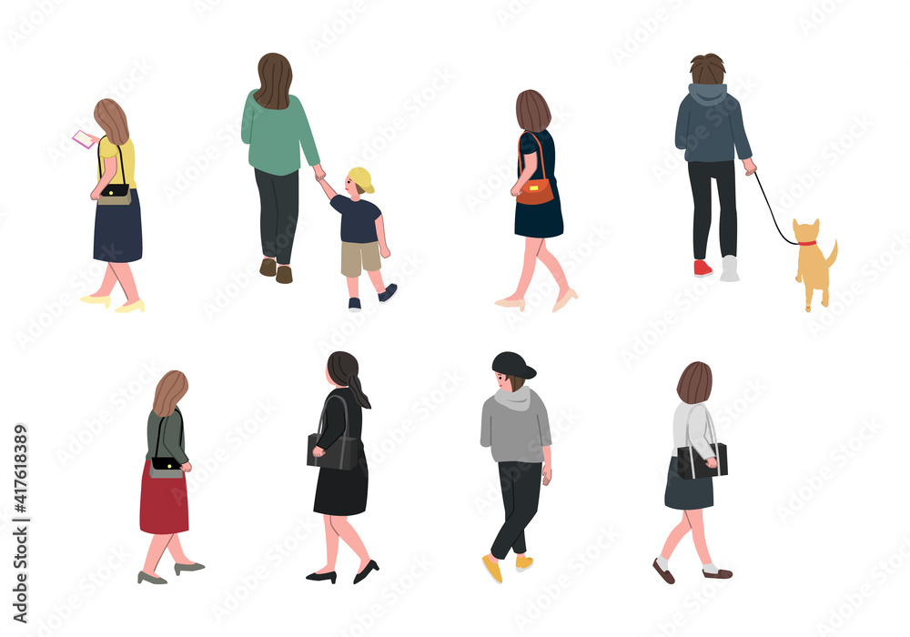 Fototapeta premium 街を歩く人の後ろ姿のイラストセット