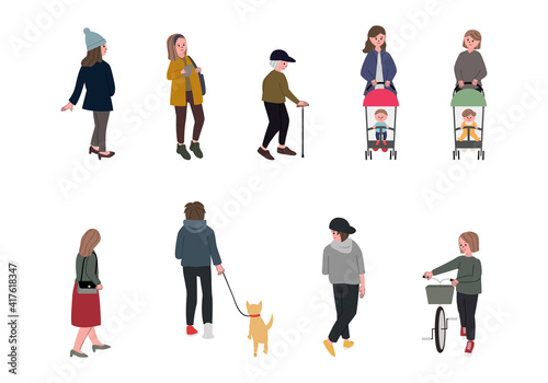 街を歩く幅広い年齢層の人々のイラストセット