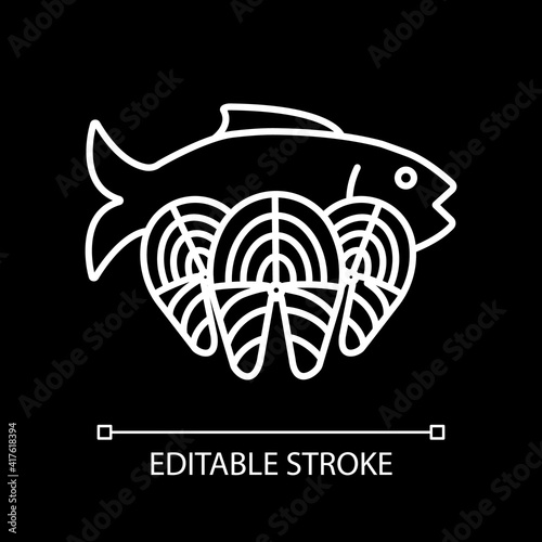 Fish steaks white linear icon for dark theme. Fresh salmon. Tuna for cooking. Healthy food. Thin line customizable illustration. Isolated vector contour symbol for night mode. Editable stroke