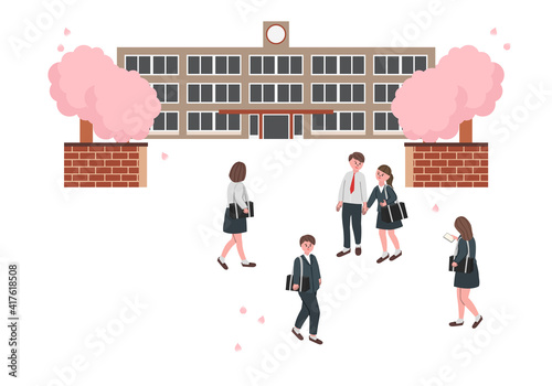 桜の咲く学校　入学・卒業する学生のイラスト