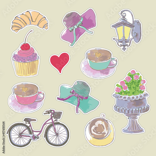 Parisian symbols stickers set, vector. A romantic trip to Paris. elements of romance. coffee, croissant, hat