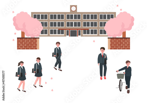 桜の咲く学校　入学・卒業する学生のイラスト