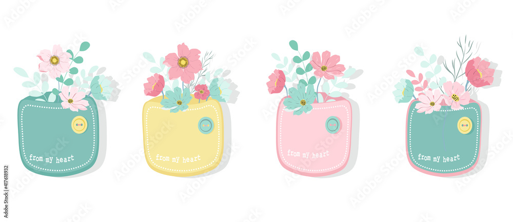 Fototapeta premium vector illustration - a set of pictures, pockets of different colors, filled with flowers. a picture on the theme of spring, summer, flowers, floristry. flat illustration for websites, magazines, app