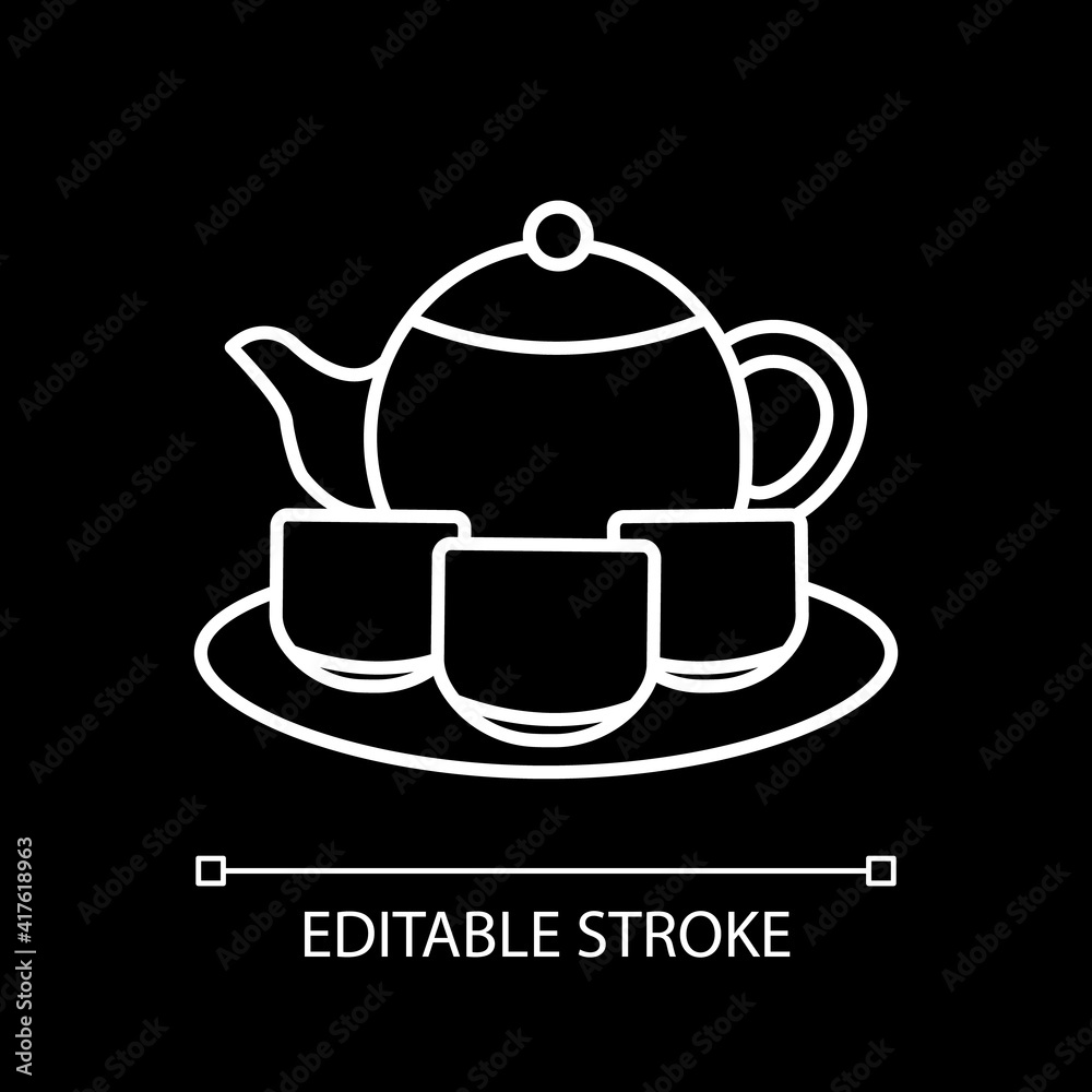 Tea set white linear icon for dark theme. Serving drinks. Tea ceremony. Pitches and saucer, teacups. Thin line customizable illustration. Isolated vector contour symbol for night mode. Editable stroke Tea set white linear icon for dark theme. Serving drinks. Tea ceremony. Pitches and saucer, teacups. Thin line customizable illustration. Isolated vector contour symbol for night mode. Editable stroke