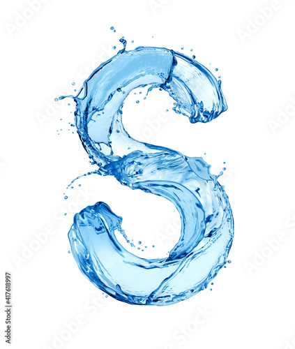 Latin letter S made of water splashes, isolated on a white background