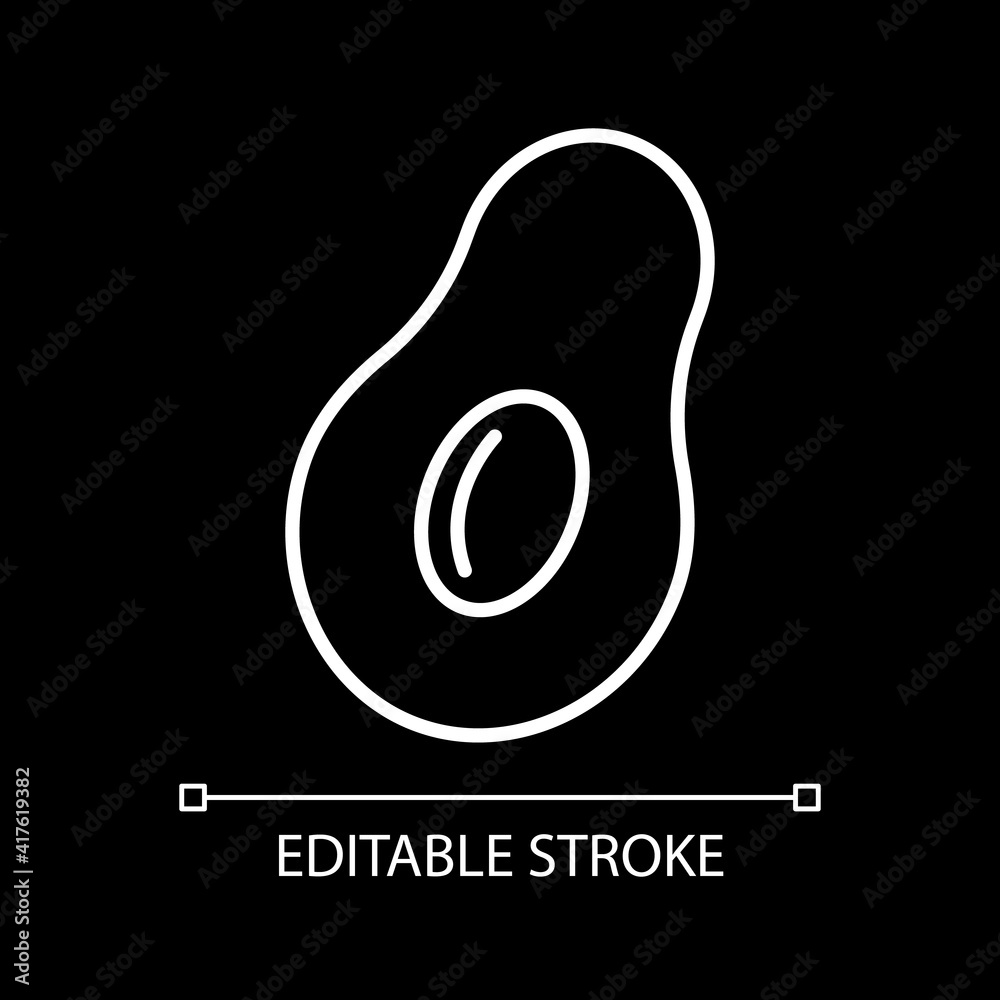 Avocado white linear icon for dark theme. Healthy eating. Cut fruit. Nutrient dietary. Thin line customizable illustration. Isolated vector contour symbol for night mode. Editable stroke Avocado white linear icon for dark theme. Healthy eating. Cut fruit. Nutrient dietary. Thin line customizable illustration. Isolated vector contour symbol for night mode. Editable stroke