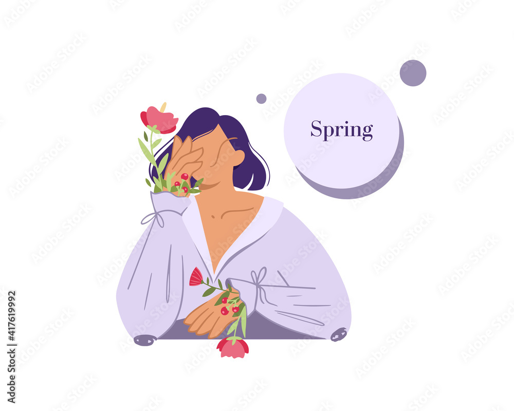 Cartoon stylized character girl with flowers. Fashionable spring illustration for March 8. International Women's Day. Portrait of a girl in a beautiful blouse, in whose sleeves there are flowers Cartoon stylized character girl with flowers. Fashionable spring illustration for March 8. International Women's Day. Portrait of a girl in a beautiful blouse, in whose sleeves there are flowers