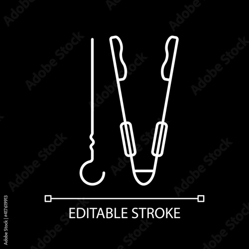 Barbeque utensils white linear icon for dark theme. Tools for grill cooking. Food cookery appliance. Thin line customizable illustration. Isolated vector contour symbol for night mode. Editable stroke