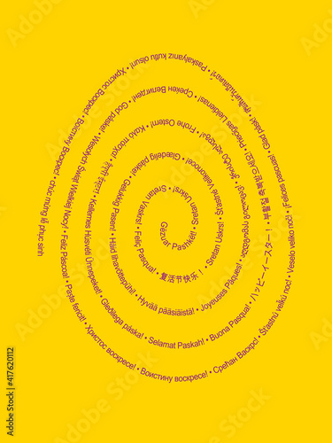 The text Happy Easter in the egg shape of a spiral in different languages of the world.