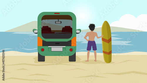 Man taking off his shirt and catching a surfboard. Family car for multipurpose travel parked beside. Backdrop is a vast sand and sea. And island far away under blue sky.