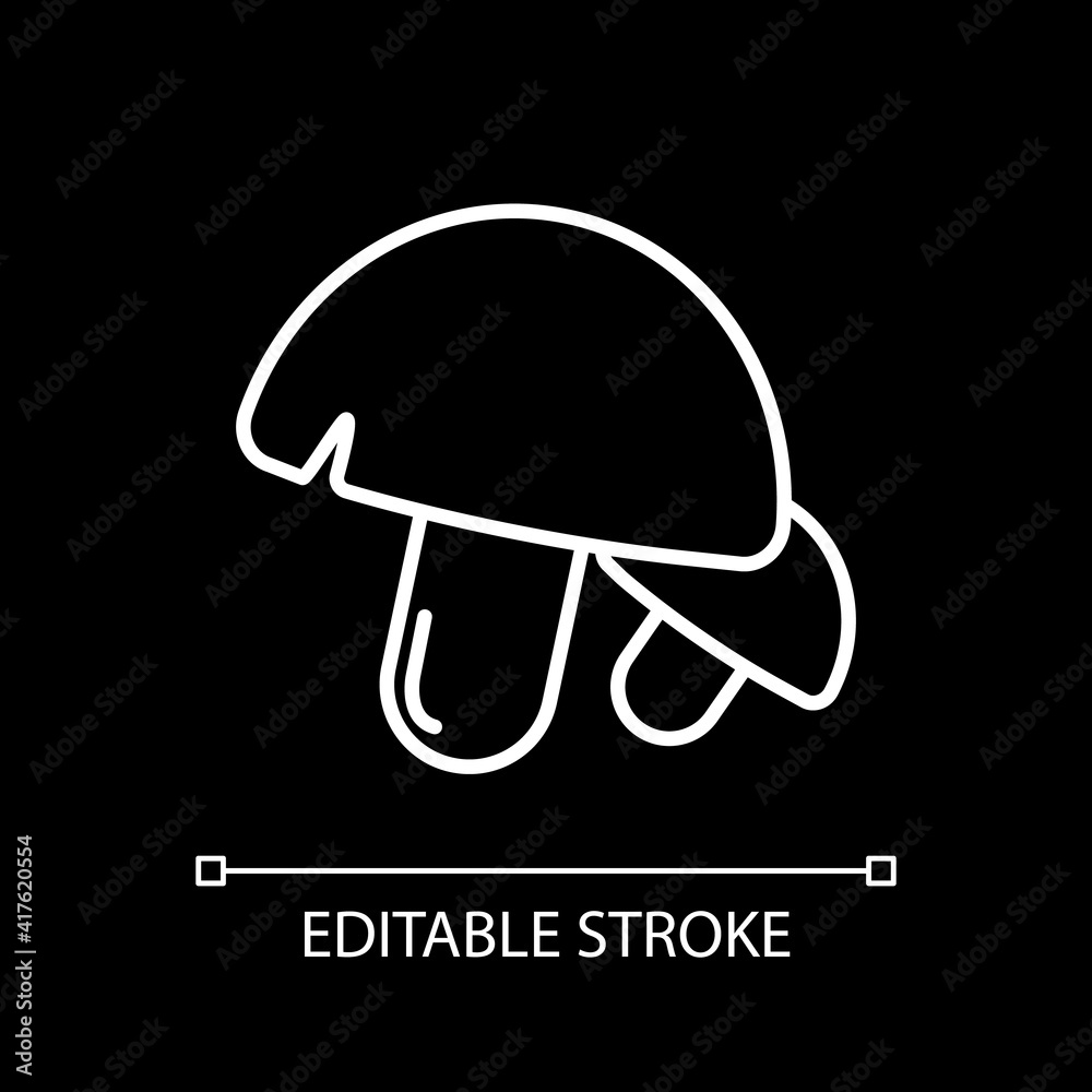 Mushrooms white linear icon for dark theme. Fresh vegetables. Ripe veggies for cooking. Thin line customizable illustration. Isolated vector contour symbol for night mode. Editable stroke Mushrooms white linear icon for dark theme. Fresh vegetables. Ripe veggies for cooking. Thin line customizable illustration. Isolated vector contour symbol for night mode. Editable stroke