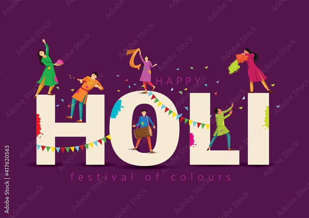 happy Holi Indian festival, poster, banner, template. Cartoon Young people  Playing Holi On colorful costume . symbolic vector illustration design.  Stock Vector | Adobe Stock