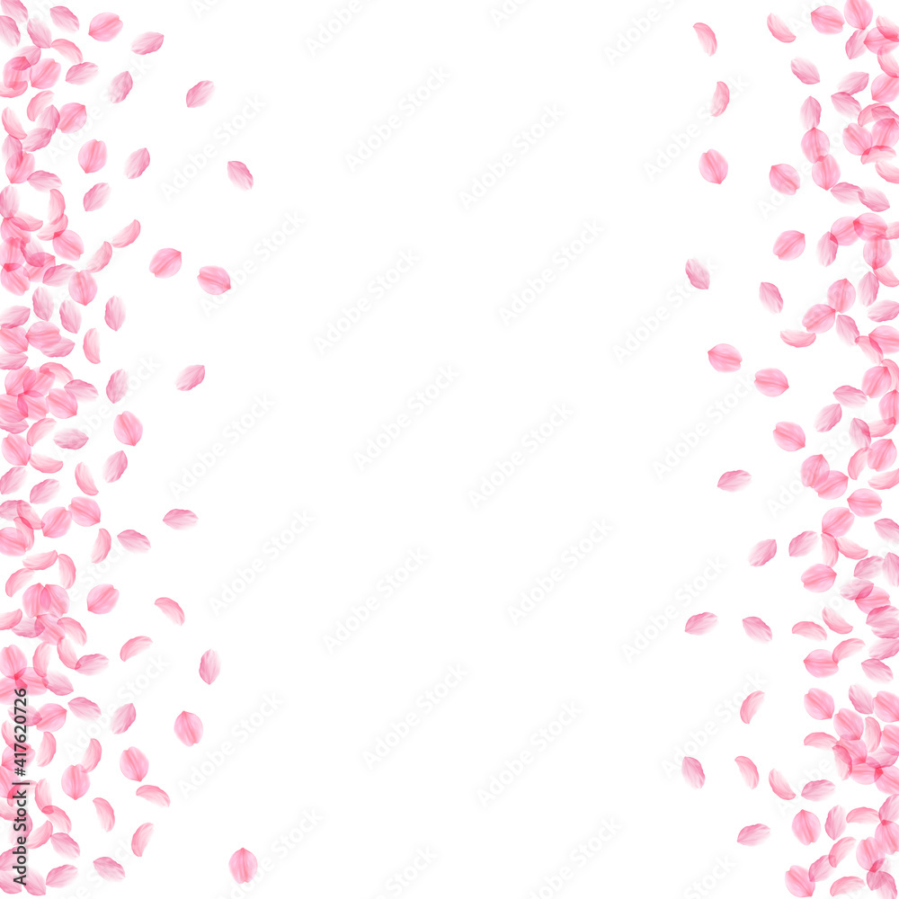 Sakura petals falling down. Romantic pink silky small flowers. Thick flying cherry petals. Messy bor