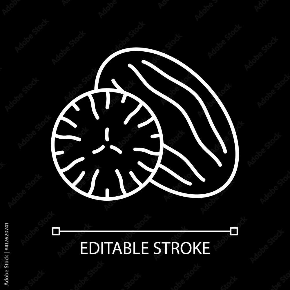 Cut fruit white linear icon for dark theme. Dry raisin. Nut with vitamins. Nutrient food. Thin line customizable illustration. Isolated vector contour symbol for night mode. Editable stroke