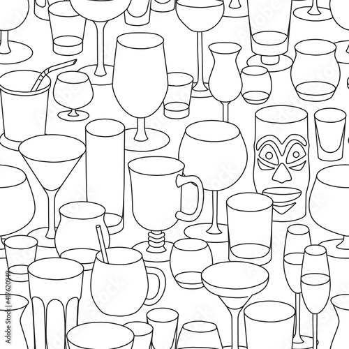Hand-drawn doodle cartoon style bar cocktail glasses such as high ball martini margarita old fashioned shot vector seamless pattern illustration background