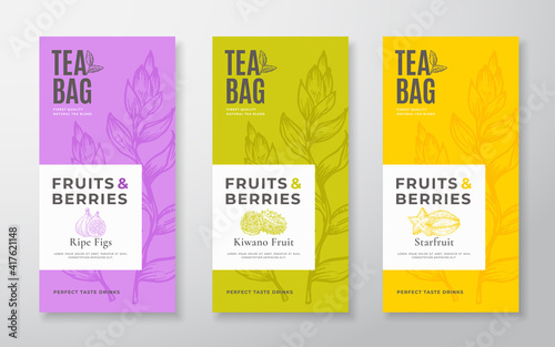 Exotic Fruits Tea Labels Set. Vector Packaging Design Layouts Bundle. Modern Typography, Hand Drawn Tea Leaves, Figs, Kiwano and Starfruit Silhouettes Background. Beverage Banners. Isolated