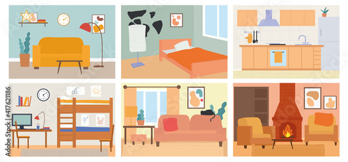 Set of six different home room interiors with furniture showing living rooms, den, lounge, bedroom, office and kitchen, colored vector illustration