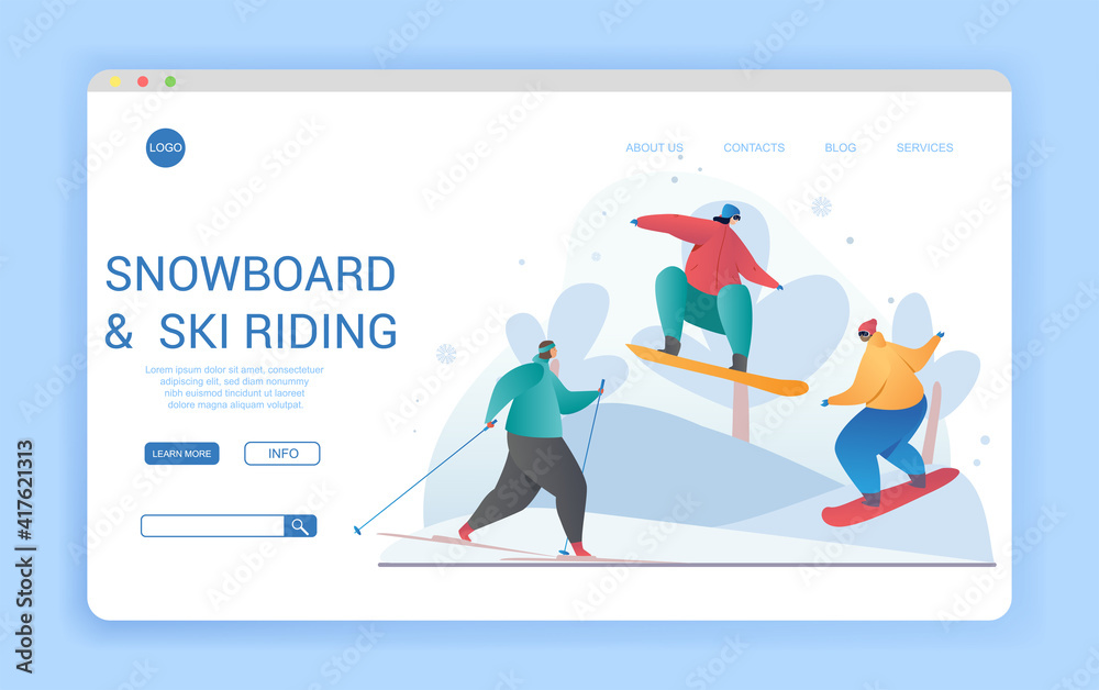 Website design template for snowboarding and skiing in winter showing snowboarders and skiers at assorted activities in the snow, colored vector illustration. Website, landing page template