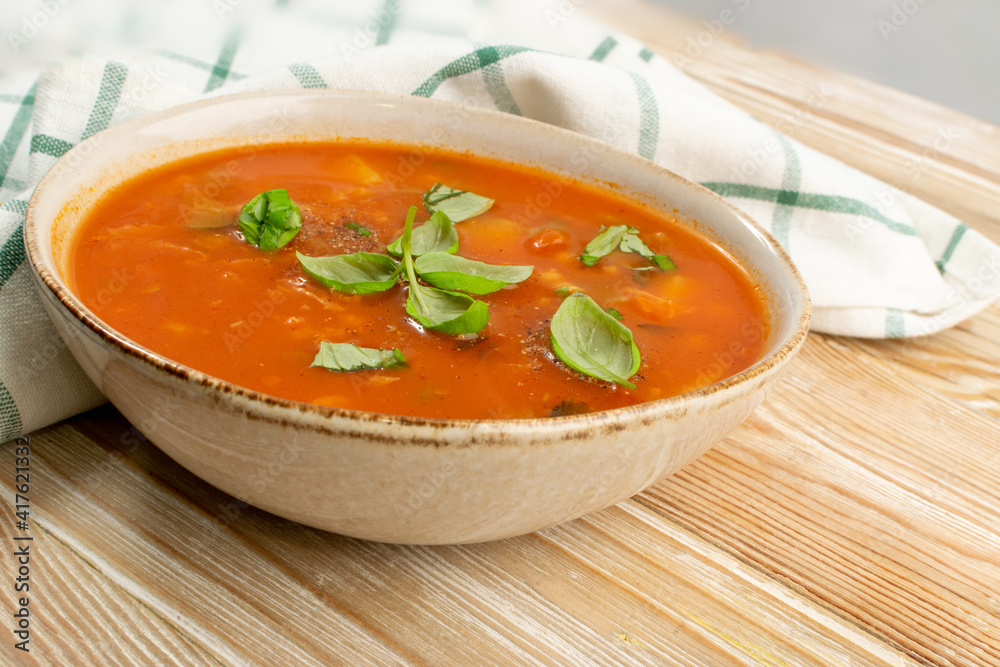 Red Tomato Soup with Barley, Potato, Carrot, Cabbage and Cereals Red Tomato Soup with Barley, Potato, Carrot, Cabbage and Cereals