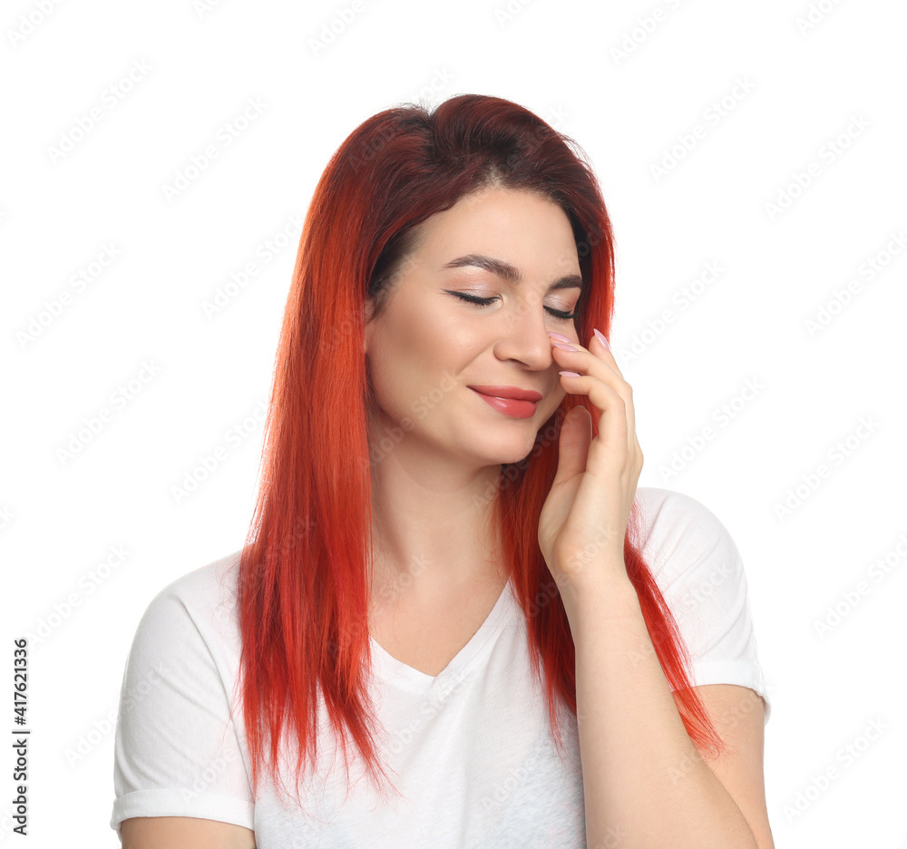 Young woman with bright dyed hair on white background Young woman with bright dyed hair on white background