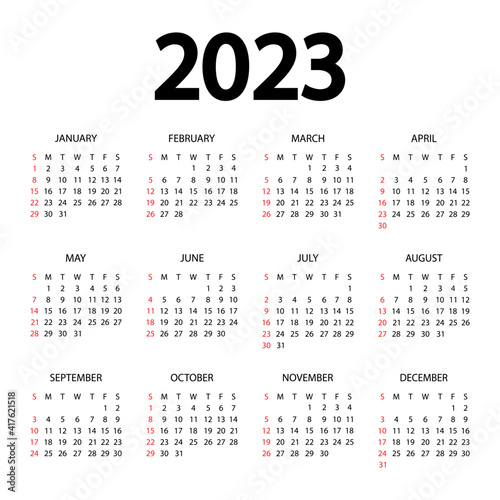 Calendar 2023 year - vector illustration. The week starts on Sunday. Annual calendar 2023 template. Calendar design in black and white colors, Sunday in red colors