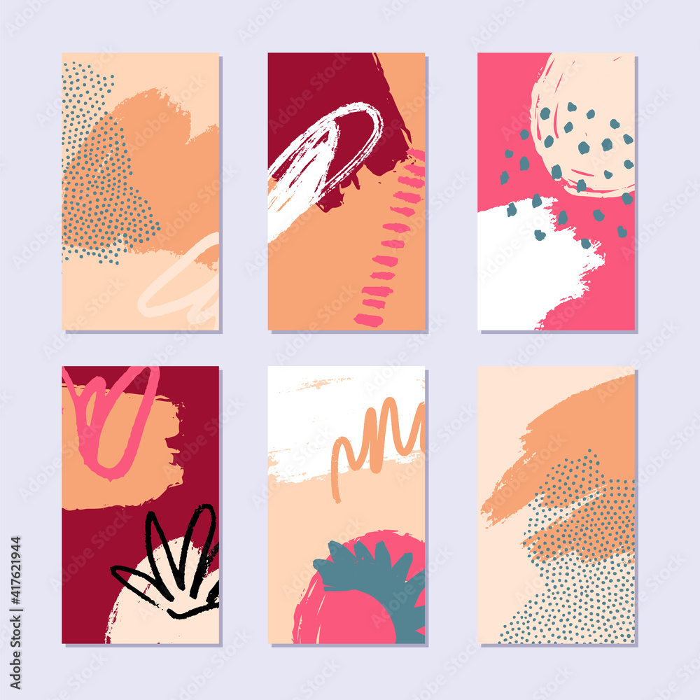 Set of abstract collage story backgrounds. Hand drawn pattern in trendy style. Bright summer colors. Vector illustration.