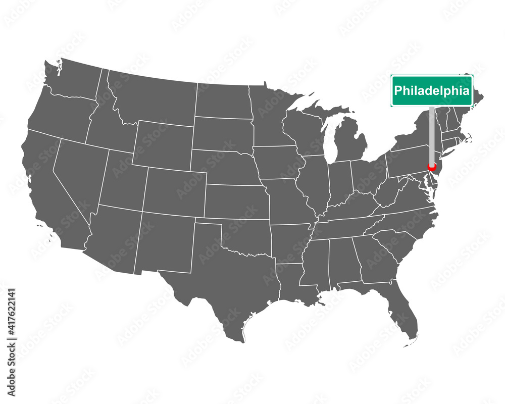 Landkarte der USA mit Orstsschild Philadelphia