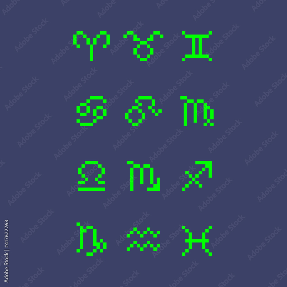 colorful simple flat pixel art illustration of set of neon green zodiac signs icons colorful simple flat pixel art illustration of set of neon green zodiac signs icons