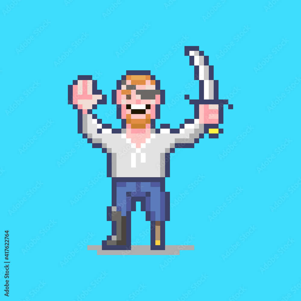 colorful simple flat pixel art illustration of smiling pirate with a wooden leg and a sword in his hand colorful simple flat pixel art illustration of smiling pirate with a wooden leg and a sword in his hand