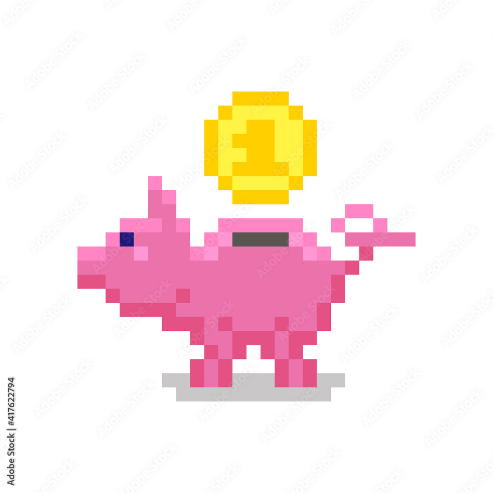 colorful simple flat pixel art illustration of cartoon sticker piggy bank with a coin over it colorful simple flat pixel art illustration of cartoon sticker piggy bank with a coin over it