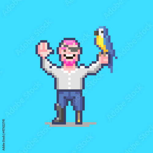 colorful simple flat pixel art illustration of smiling pirate with a wooden leg and a parrot in his hand